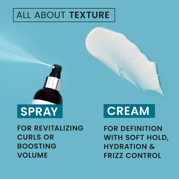Hair care product advertisement with spray and cream on a blue background