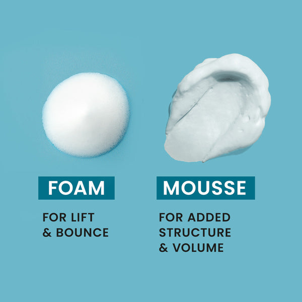 Comparison of foam and mousse on a blue background with text indicating their uses.