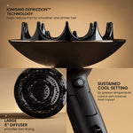 Hair dryer with features highlighted on a beige background