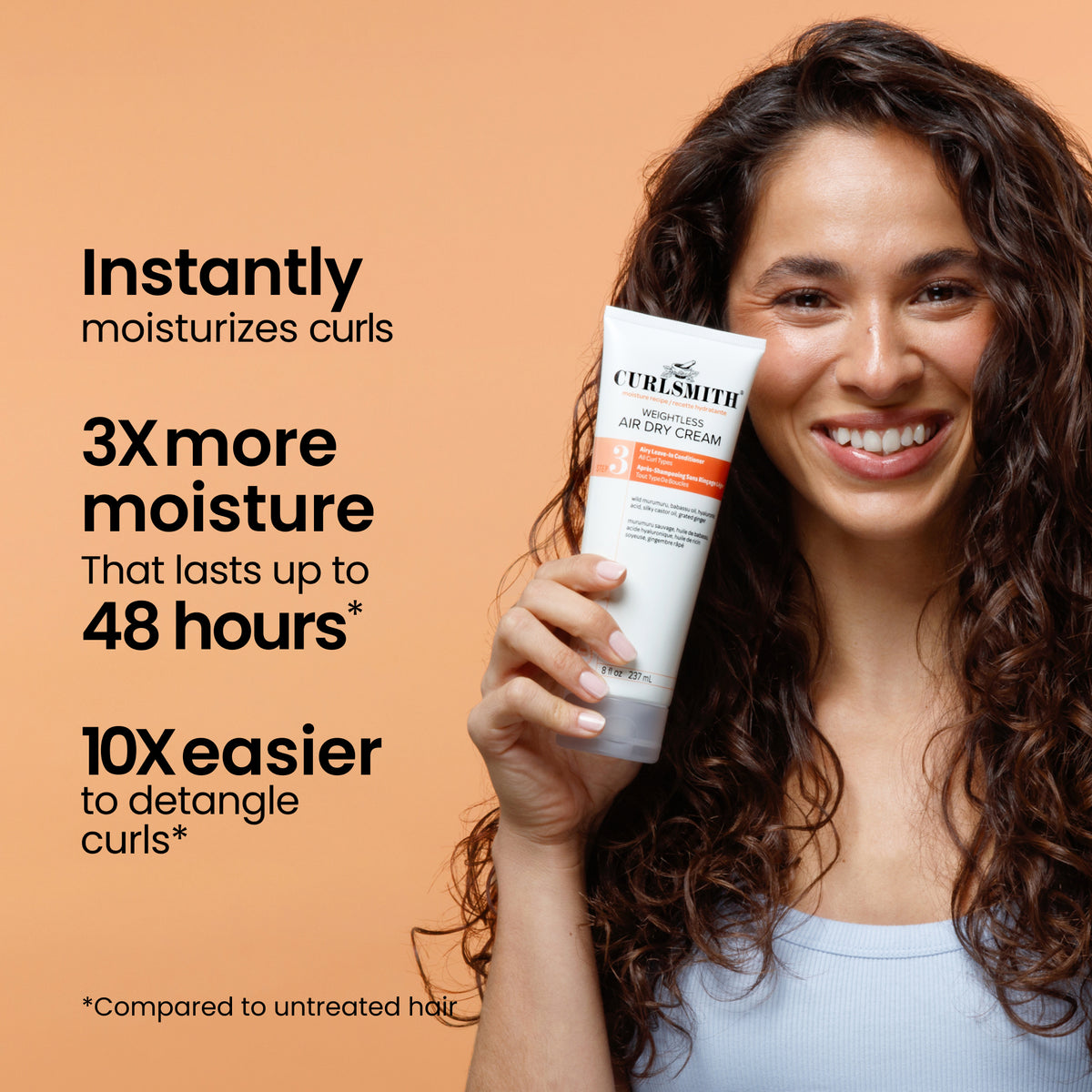 Woman holding a tube of Curlsmith hair care product with text about its benefits on an orange background