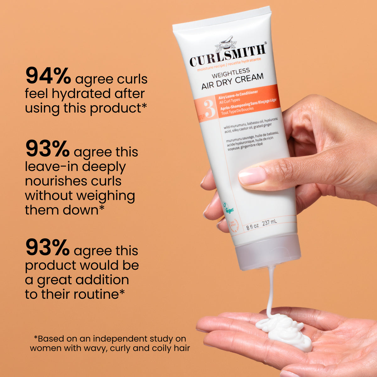 Curlsmith Weightless Air Dry Cream tube with hand holding cream and text on a brown background