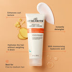 Curlsmith air dry cream tube with text highlighting its benefits on a beige background