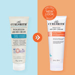 Two versions of Curlsmith Weightless Air Dry Cream on a blue and orange background with a 'New Look' label.