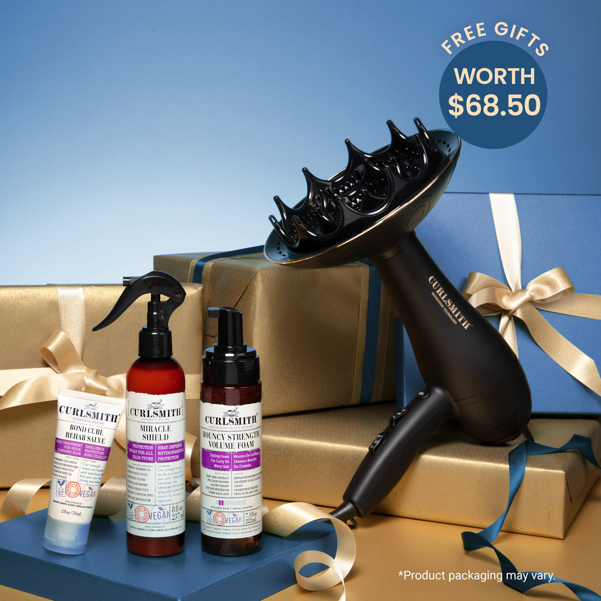 Hair dryer and bottles with gift packaging on a blue background