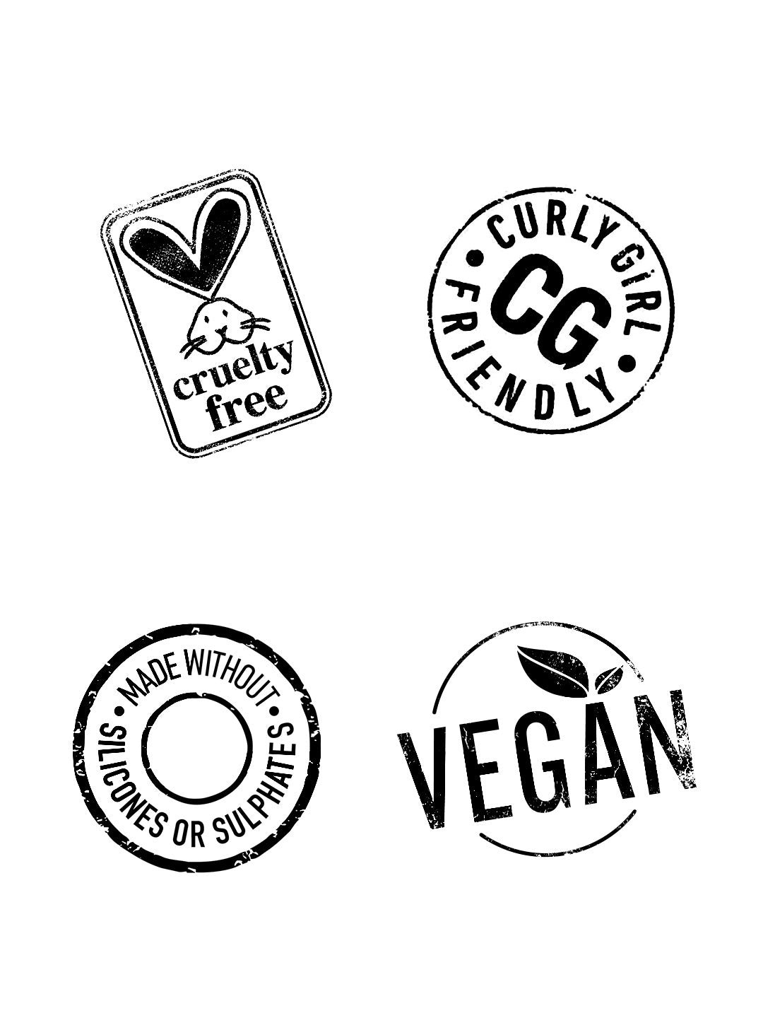 The Full Lengths Density Elixir by Curlsmith USA features four certification logos: The top left displays a rabbit head with the label "Cruelty Free." The top right reads "Curly Girl friendly" with the initials "CG" in the center. The bottom left signifies "Made without silicones or sulphates," and the bottom right says "Vegan" accompanied by a leaf graphic, ensuring healthier hair from root to tip.