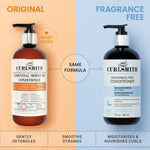 Two bottles of Curlsmith conditioner, one labeled 'Original' and the other 'Fragrance Free', on a split background.