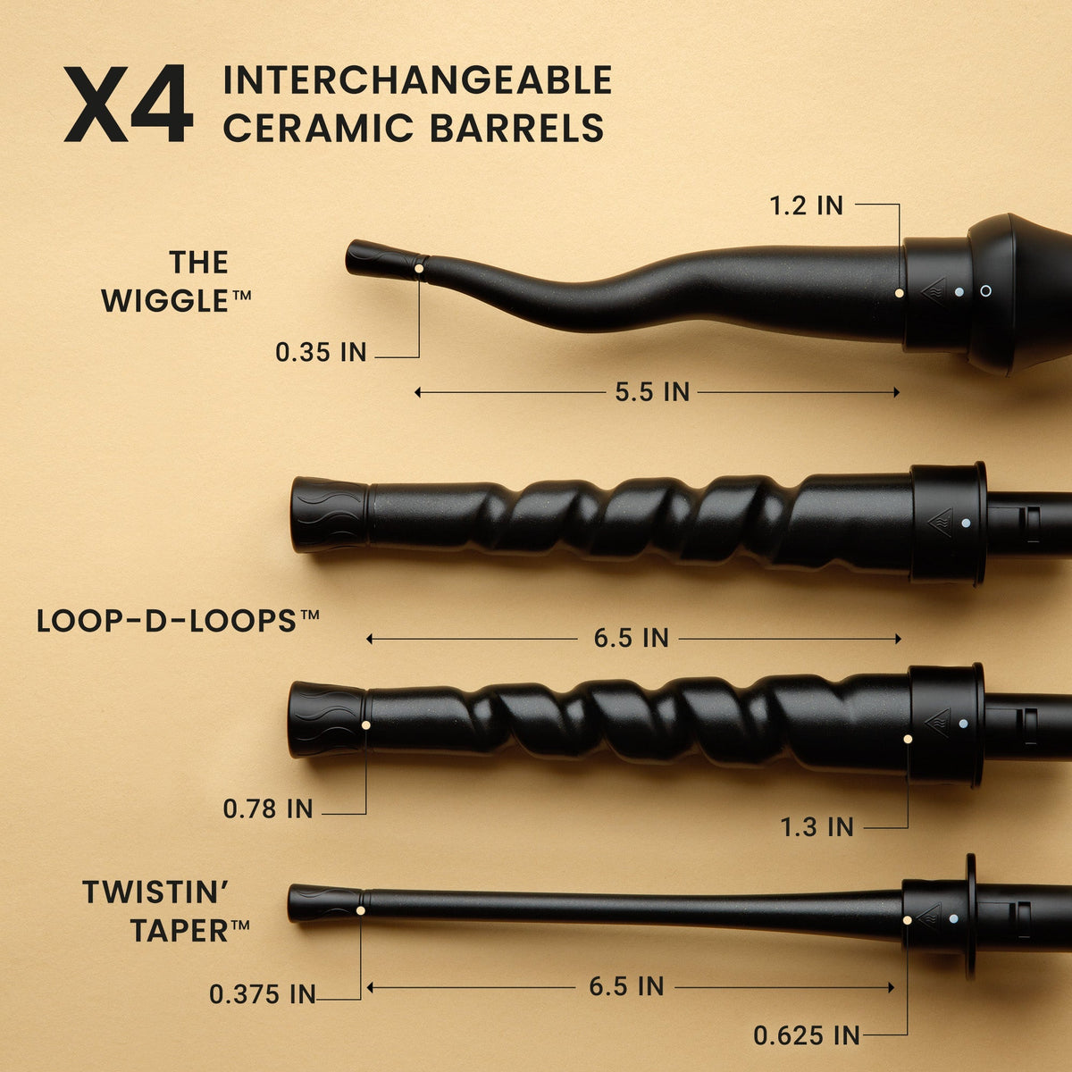 Interchangeable ceramic barrels with dimensions on a beige background