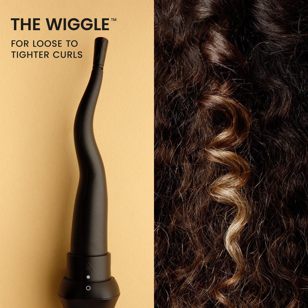 Hair styling tool 'The Wiggle' with curly hair on a beige background