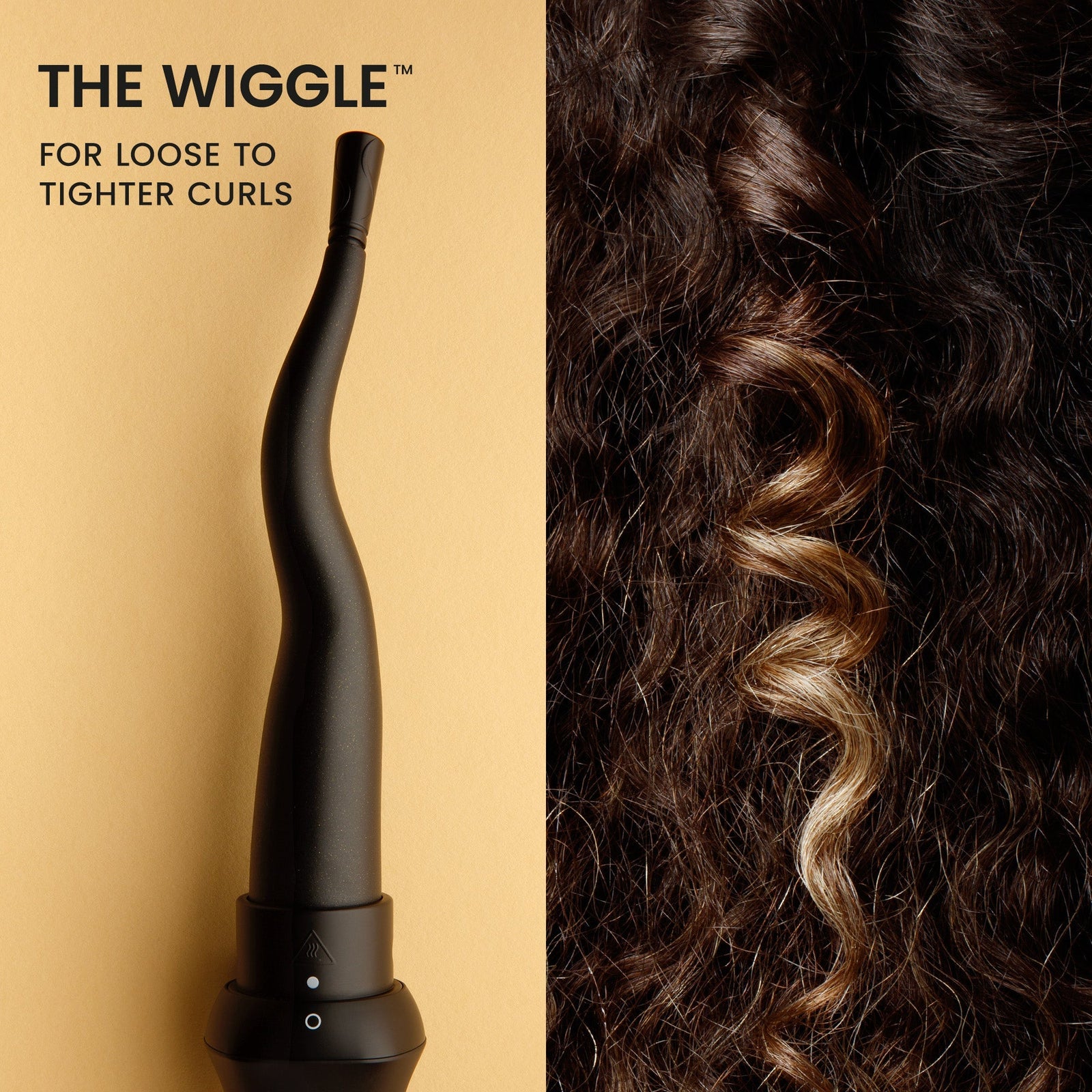 Hair styling tool 'The Wiggle' with curly hair on a beige background