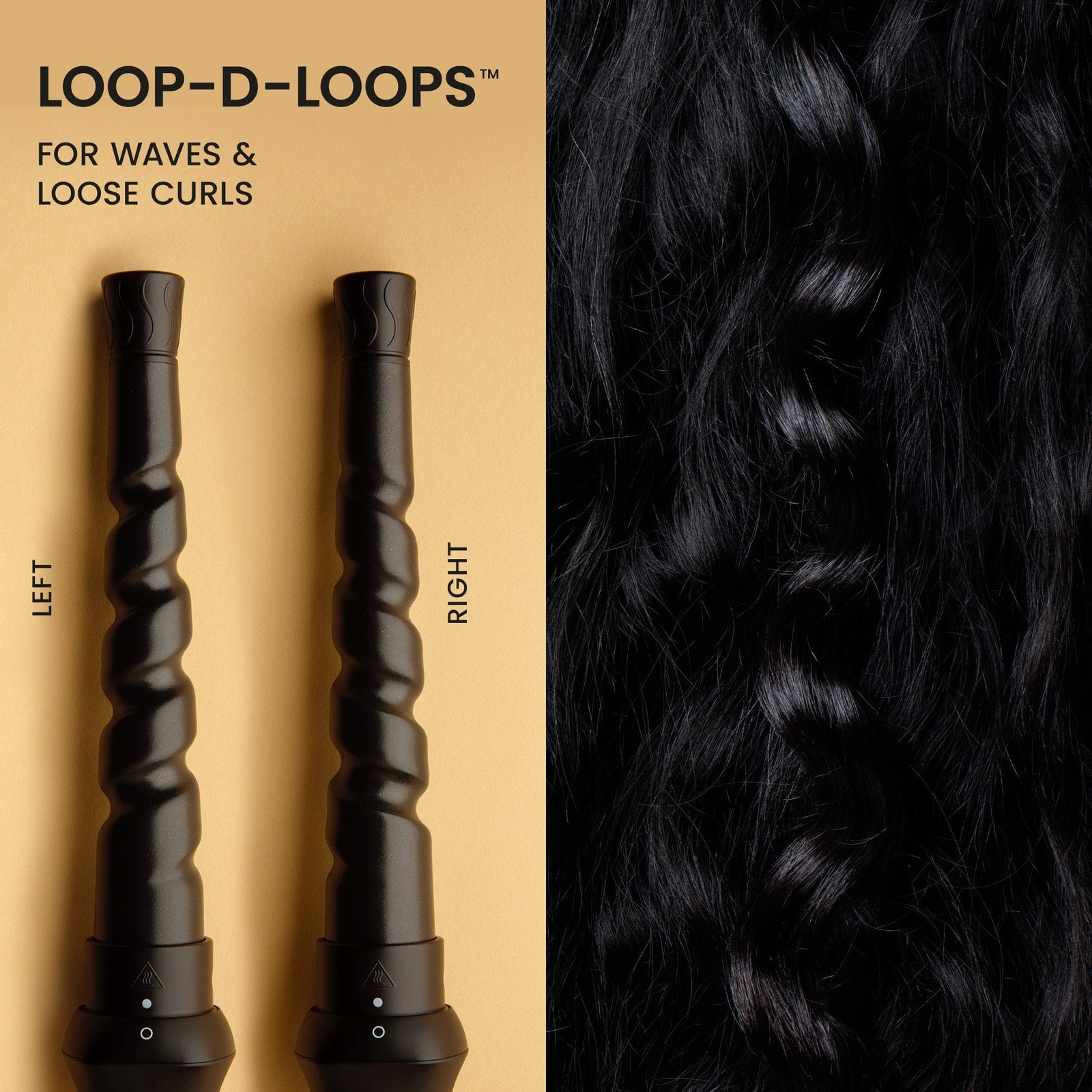 Loop-d-Loops hair styling tools with a close-up of styled hair on a beige background.