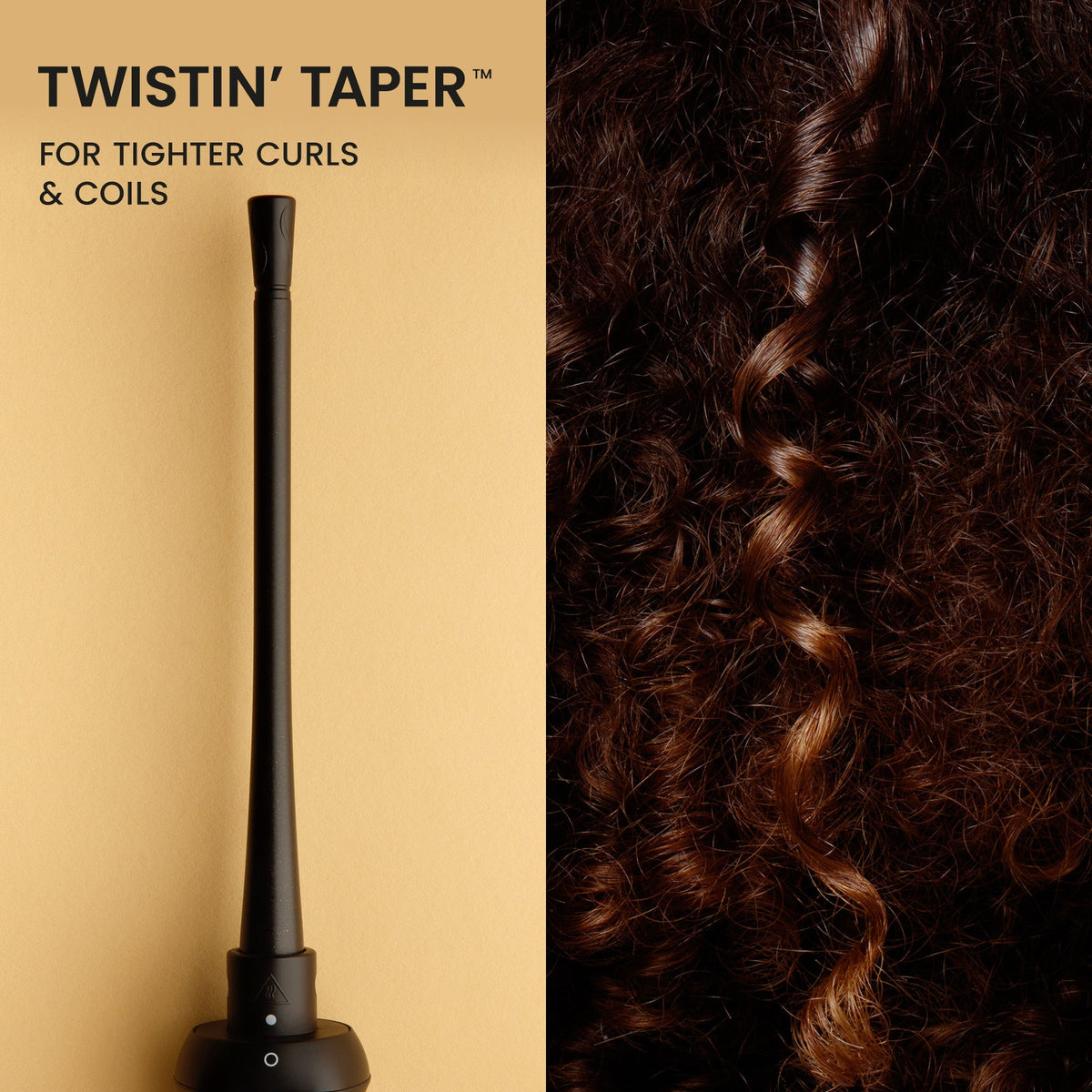 Hair styling tool with text 'Twistin' Taper' on a beige background