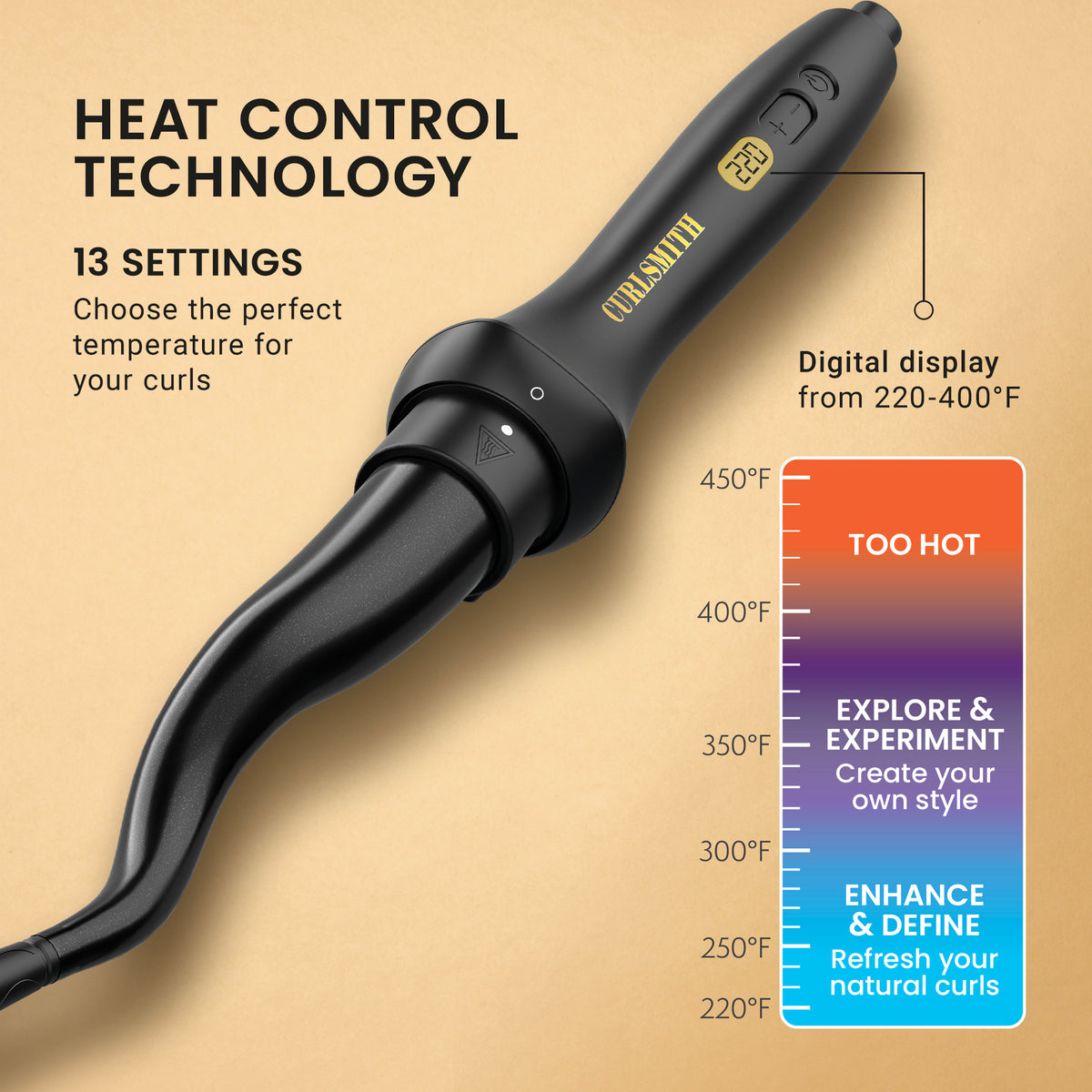 Black hair styling tool with digital temperature display on a beige background