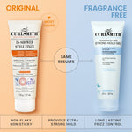 Two bottles of Curlsmith hair products on a split background, one labeled 'Original' and the other 'Fragrance Free'.